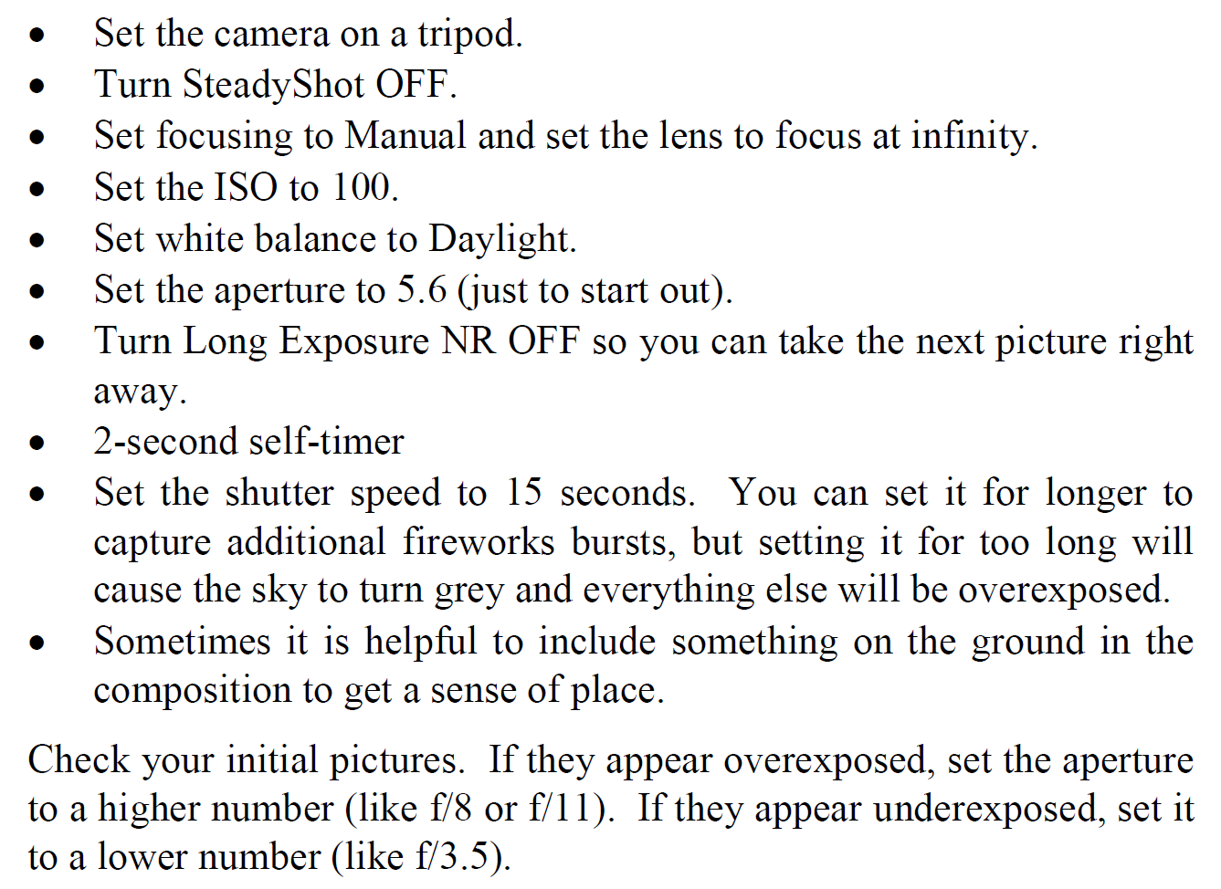 Fireworks Settings for Sony A7RV